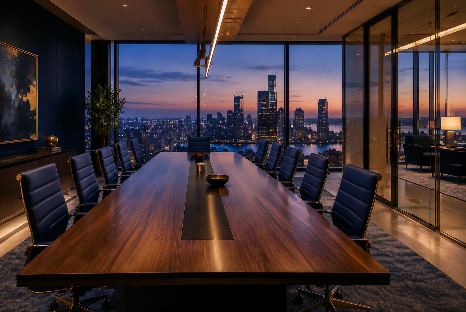 A boardroom overlooking the city at twilight