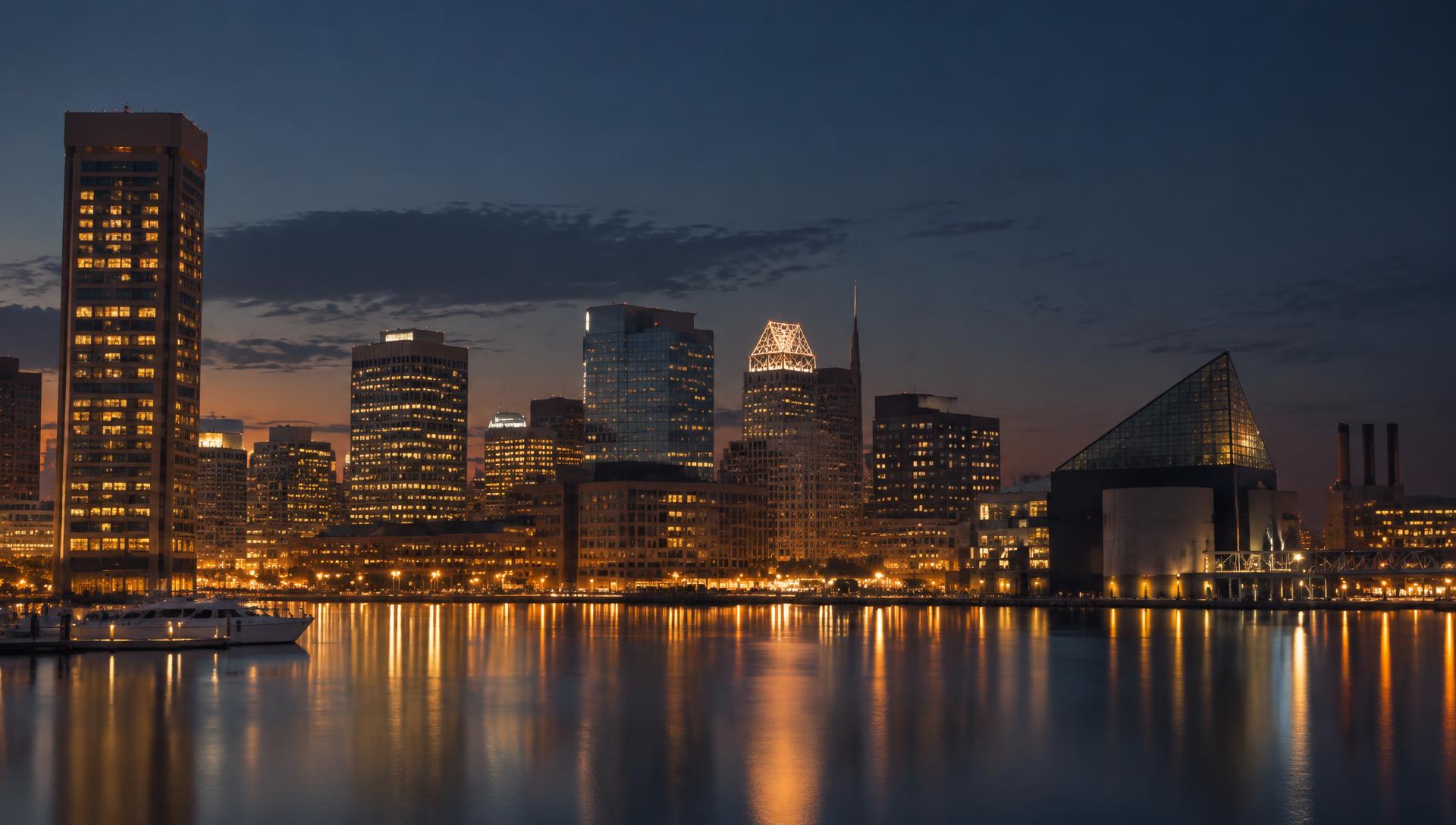 Baltimore Inner Harbor skyline at dusk